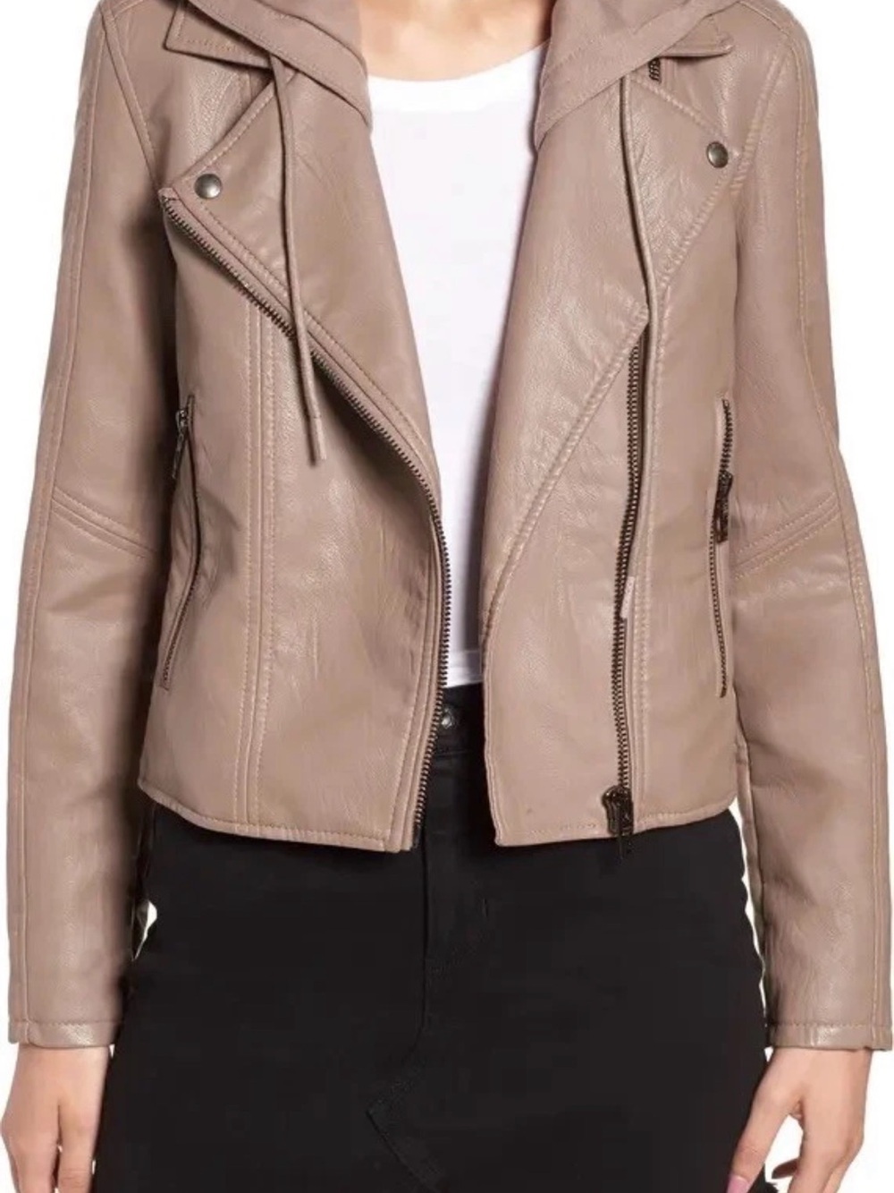 NWT! BLANKNYC Denim Faux Leather Moto Jacket Hooded Biker Light Brown Women’s S